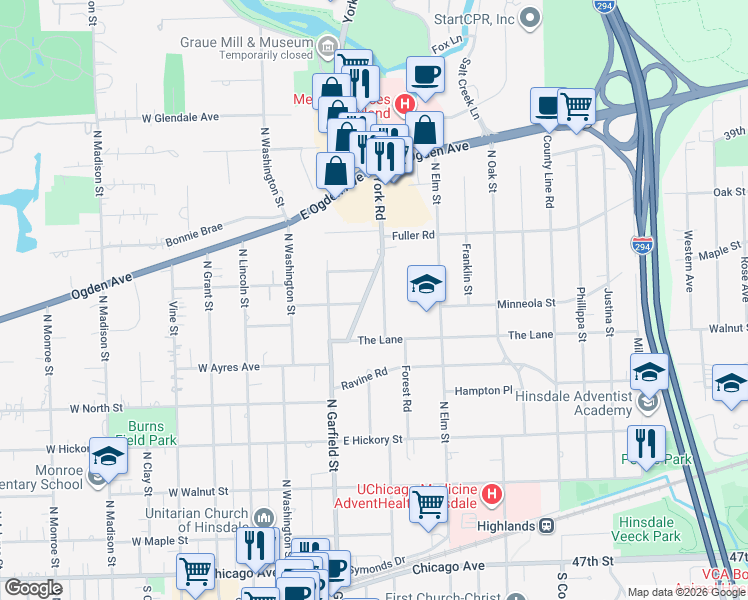 map of restaurants, bars, coffee shops, grocery stores, and more near 537 North York Road in Hinsdale