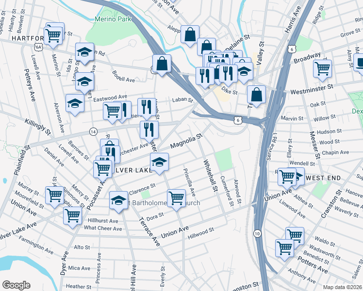map of restaurants, bars, coffee shops, grocery stores, and more near 33 Bancroft Street in Providence