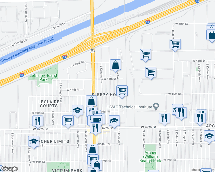 map of restaurants, bars, coffee shops, grocery stores, and more near 4424 South Kilpatrick Avenue in Chicago