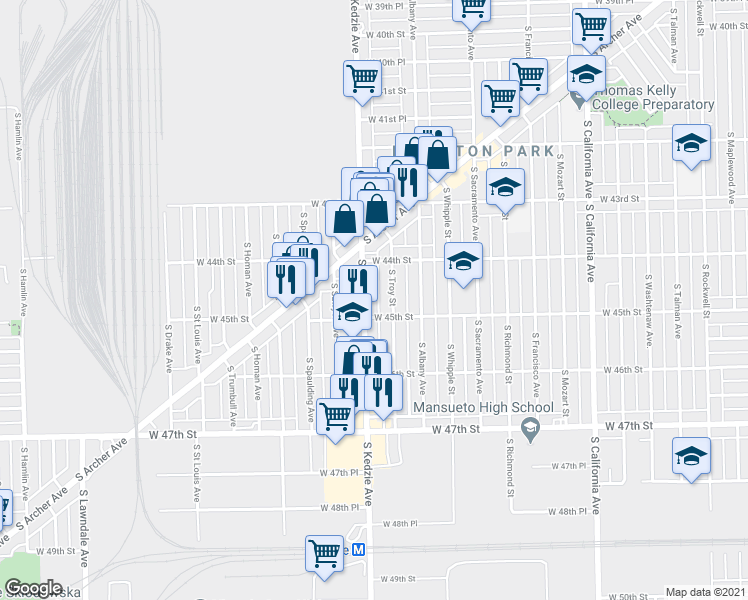 map of restaurants, bars, coffee shops, grocery stores, and more near 4441 South Kedzie Avenue in Chicago