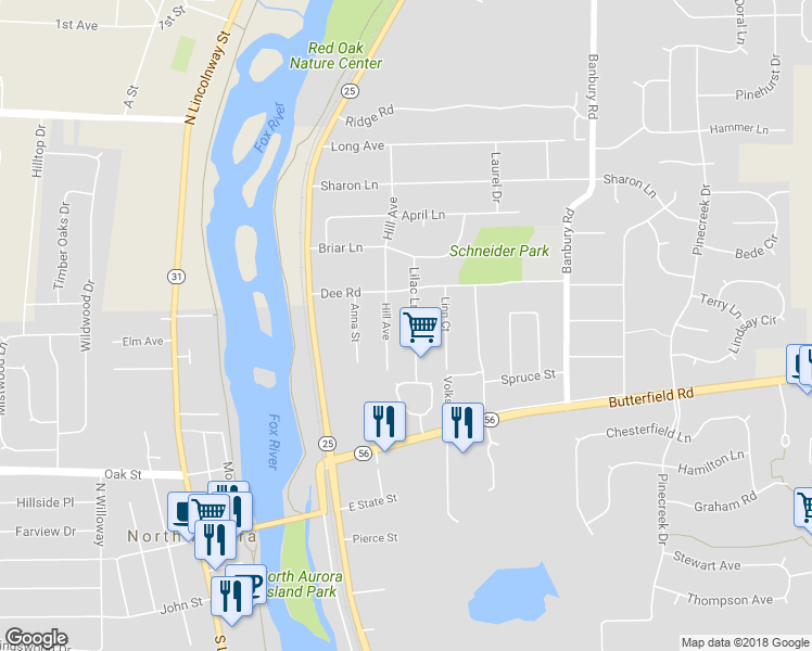 map of restaurants, bars, coffee shops, grocery stores, and more near 214 Lilac Lane in North Aurora