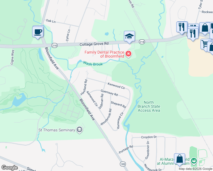 map of restaurants, bars, coffee shops, grocery stores, and more near 80 Kenwood Circle in Bloomfield