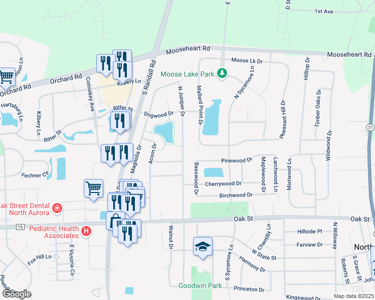 map of restaurants, bars, coffee shops, grocery stores, and more near 360 North Juniper Drive in North Aurora