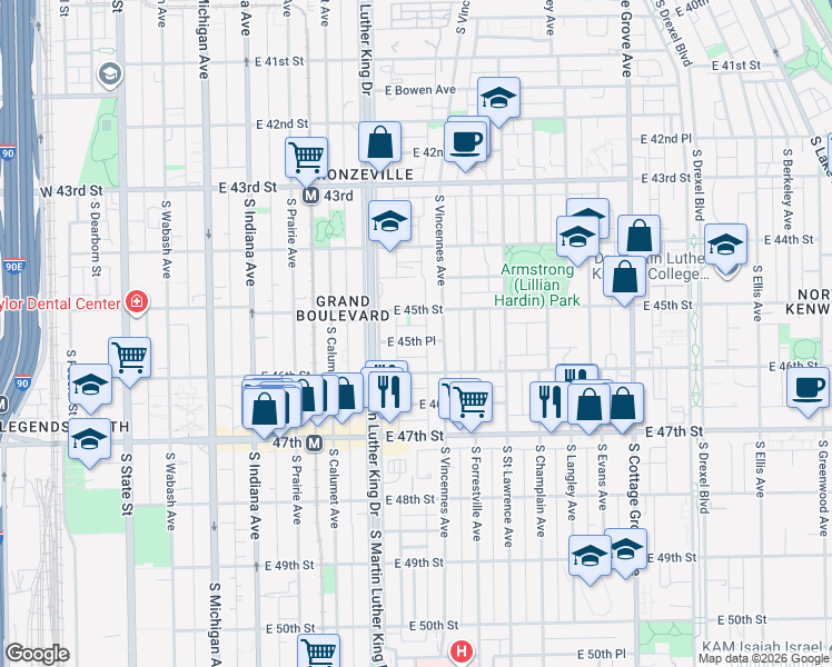 map of restaurants, bars, coffee shops, grocery stores, and more near 438 East 45th Place in Chicago