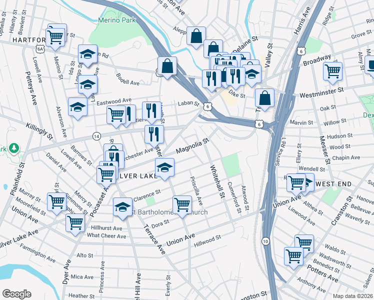 map of restaurants, bars, coffee shops, grocery stores, and more near 31 Bancroft Street in Providence