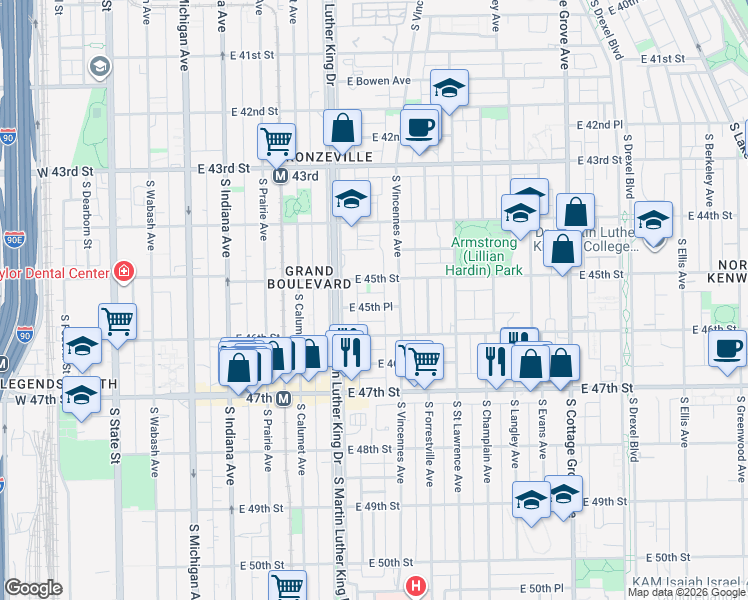 map of restaurants, bars, coffee shops, grocery stores, and more near 436 East 45th Place in Chicago