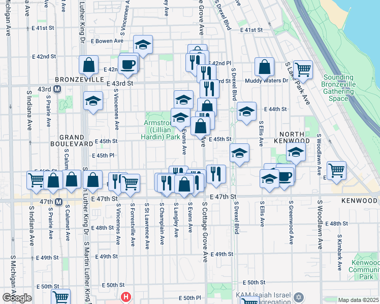 map of restaurants, bars, coffee shops, grocery stores, and more near 4521 South Evans Avenue in Chicago