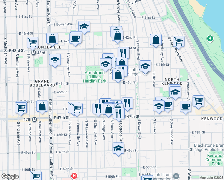 map of restaurants, bars, coffee shops, grocery stores, and more near 4521 South Evans Avenue in Chicago