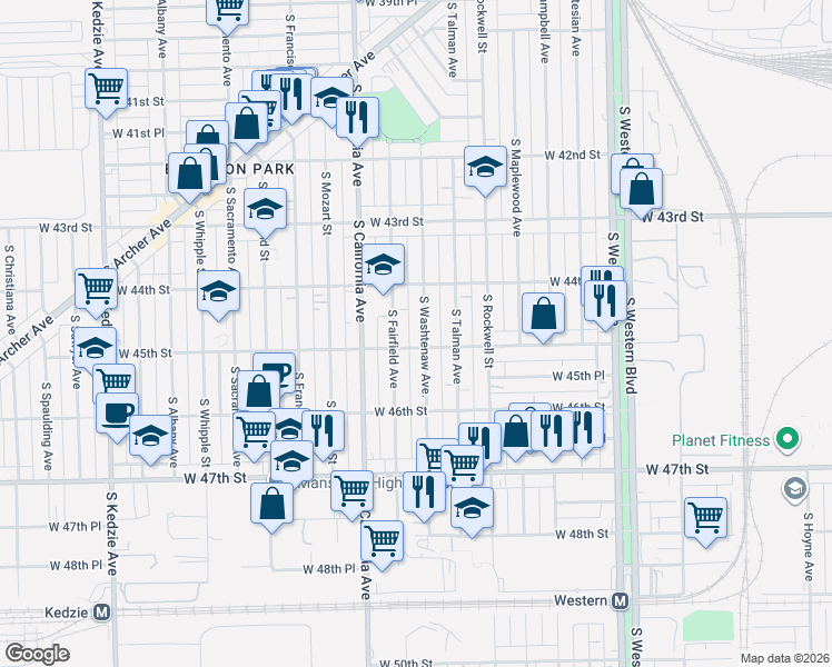 map of restaurants, bars, coffee shops, grocery stores, and more near 4445 South Washtenaw Avenue in Chicago