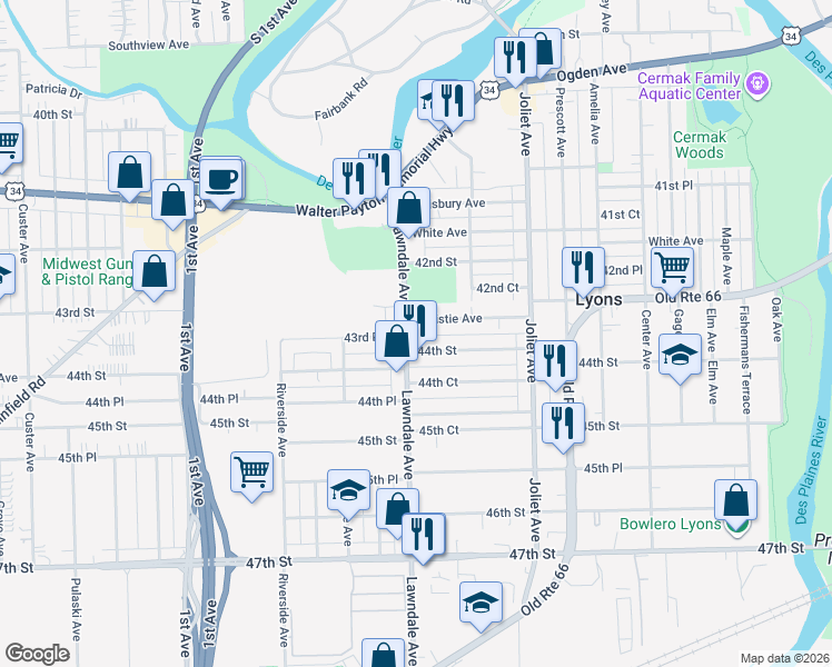 map of restaurants, bars, coffee shops, grocery stores, and more near 8137 Christie Avenue in Lyons