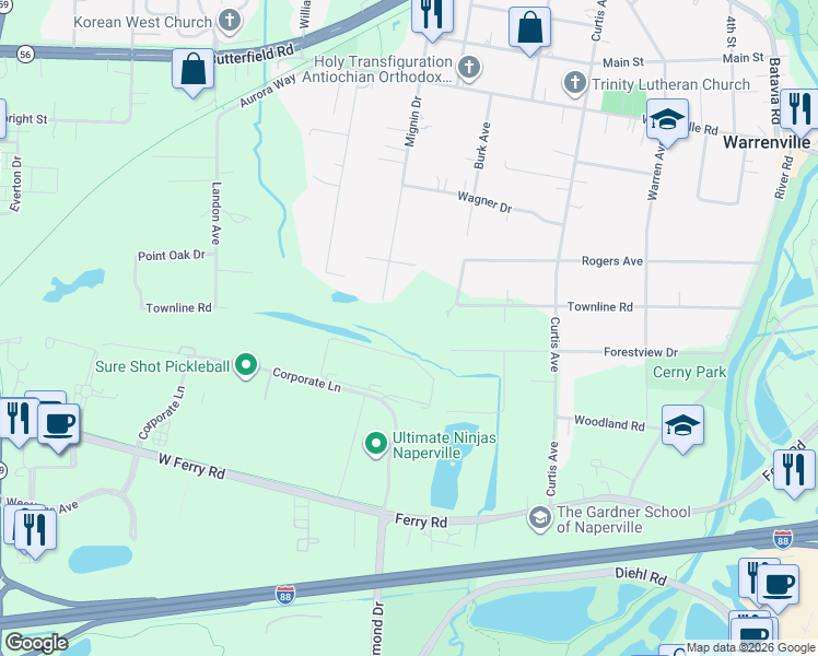 map of restaurants, bars, coffee shops, grocery stores, and more near 3S745 Mignin Drive in Warrenville