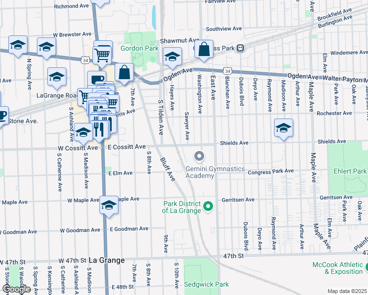 map of restaurants, bars, coffee shops, grocery stores, and more near 500 East Cossitt Avenue in La Grange