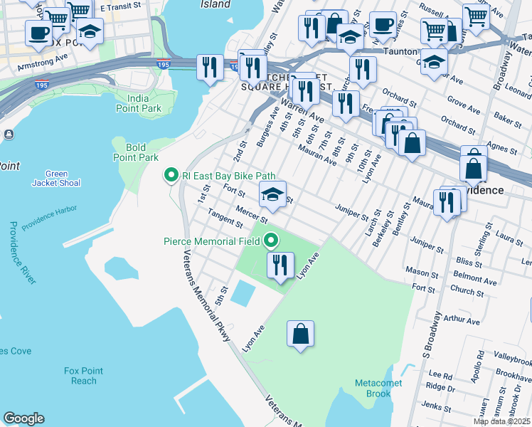map of restaurants, bars, coffee shops, grocery stores, and more near 75 Fort Street in East Providence