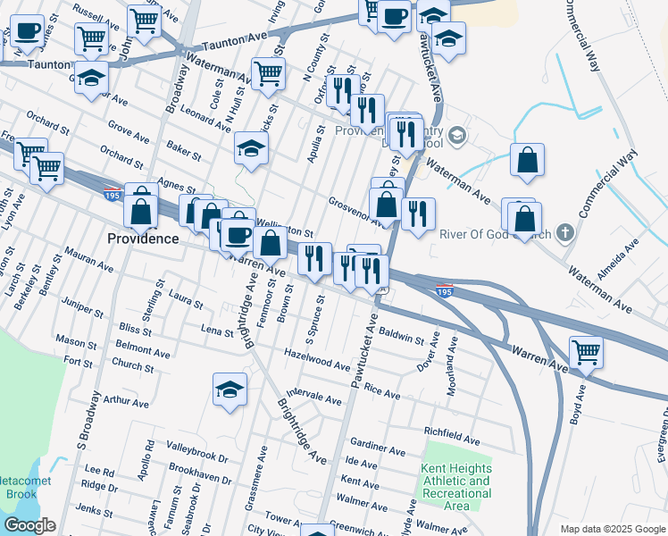 map of restaurants, bars, coffee shops, grocery stores, and more near 110 S Spruce St in East Providence