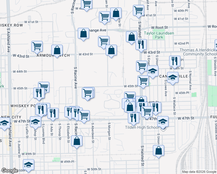 map of restaurants, bars, coffee shops, grocery stores, and more near 1001 West 45th Street in Chicago