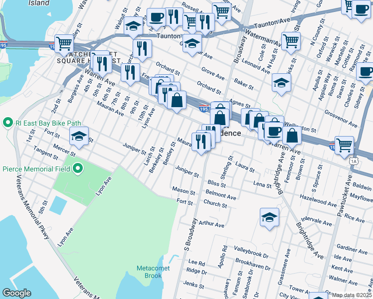 map of restaurants, bars, coffee shops, grocery stores, and more near 63 Fraser St in East Providence