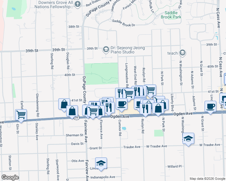 map of restaurants, bars, coffee shops, grocery stores, and more near 217 Shady Lane in Downers Grove