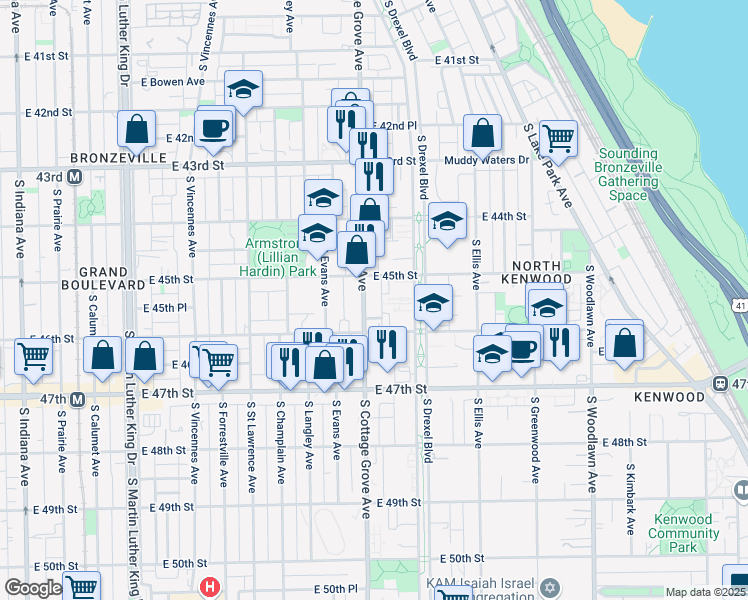map of restaurants, bars, coffee shops, grocery stores, and more near 4525 South Cottage Grove Avenue in Chicago