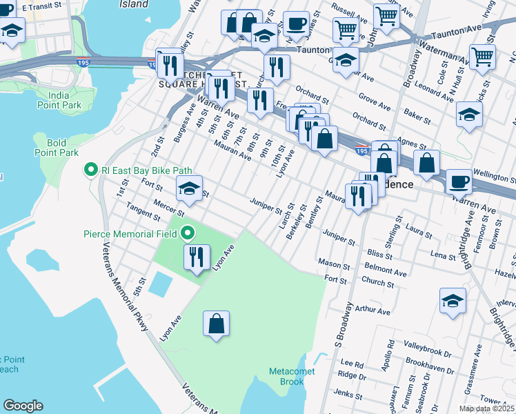 map of restaurants, bars, coffee shops, grocery stores, and more near 164 Lyon Avenue in East Providence