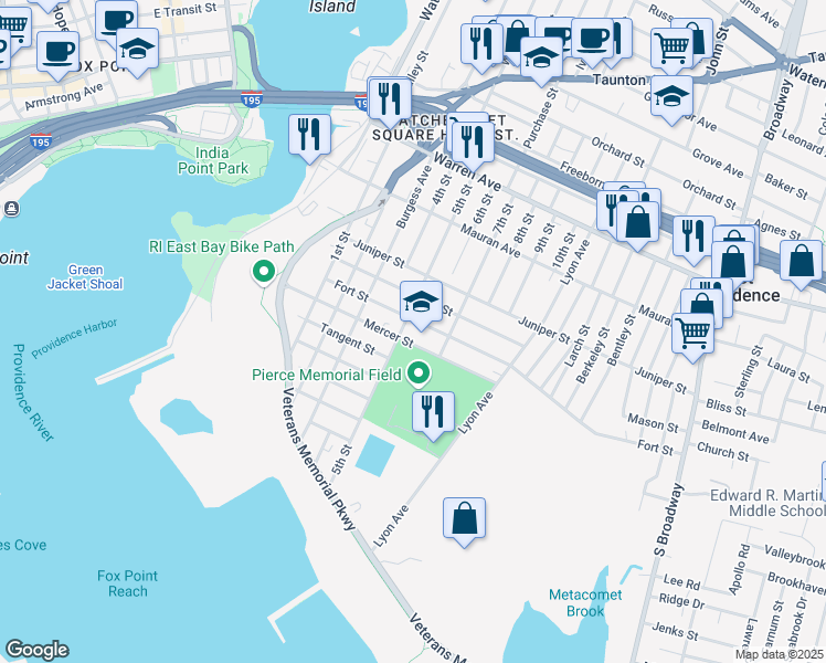 map of restaurants, bars, coffee shops, grocery stores, and more near 104 Fort Street in East Providence