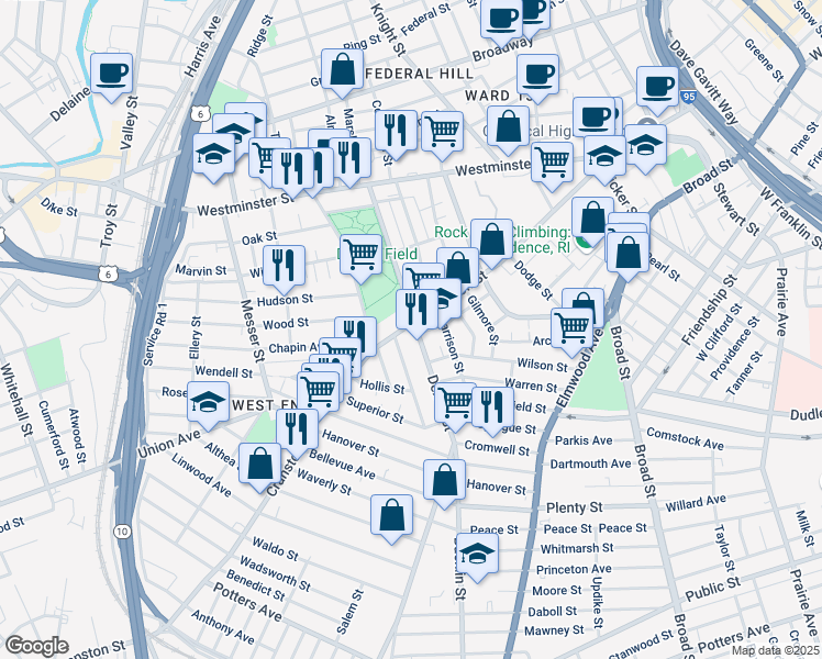 map of restaurants, bars, coffee shops, grocery stores, and more near in Providence