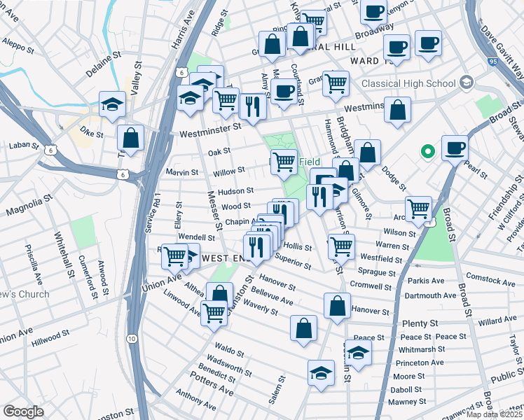 map of restaurants, bars, coffee shops, grocery stores, and more near 36 Wood Street in Providence