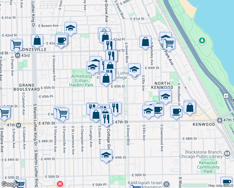 map of restaurants, bars, coffee shops, grocery stores, and more near 4525 South Cottage Grove Avenue in Chicago