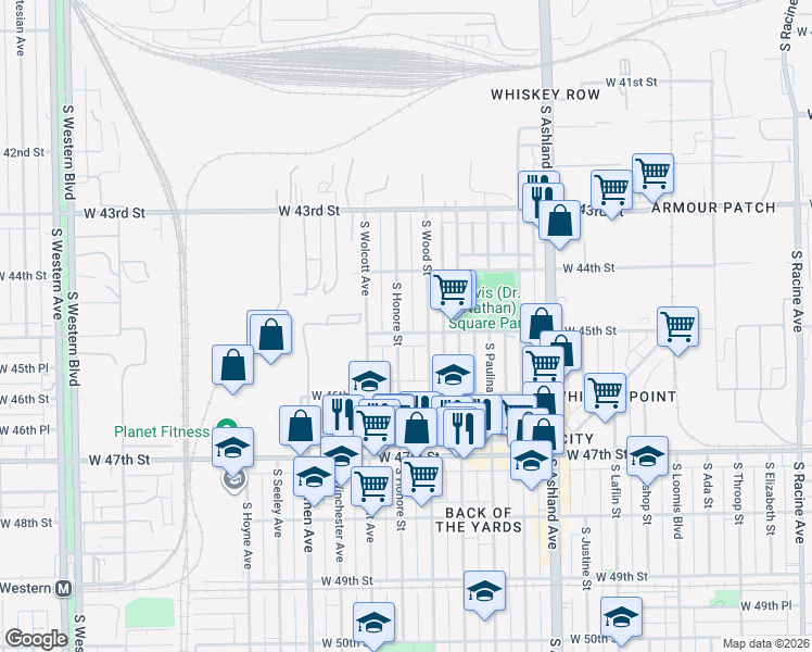 map of restaurants, bars, coffee shops, grocery stores, and more near 4454 South Wood Street in Chicago