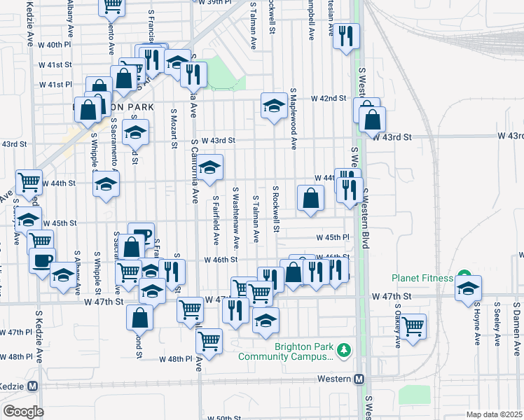 map of restaurants, bars, coffee shops, grocery stores, and more near 4442 South Rockwell Street in Chicago