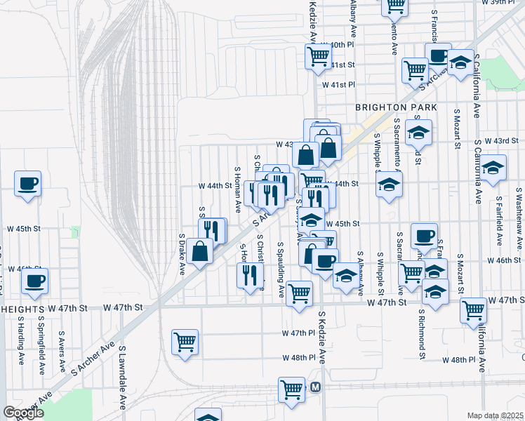 map of restaurants, bars, coffee shops, grocery stores, and more near 4432 South Christiana Avenue in Chicago