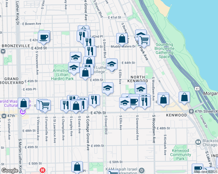 map of restaurants, bars, coffee shops, grocery stores, and more near 4527 South Drexel Boulevard in Chicago