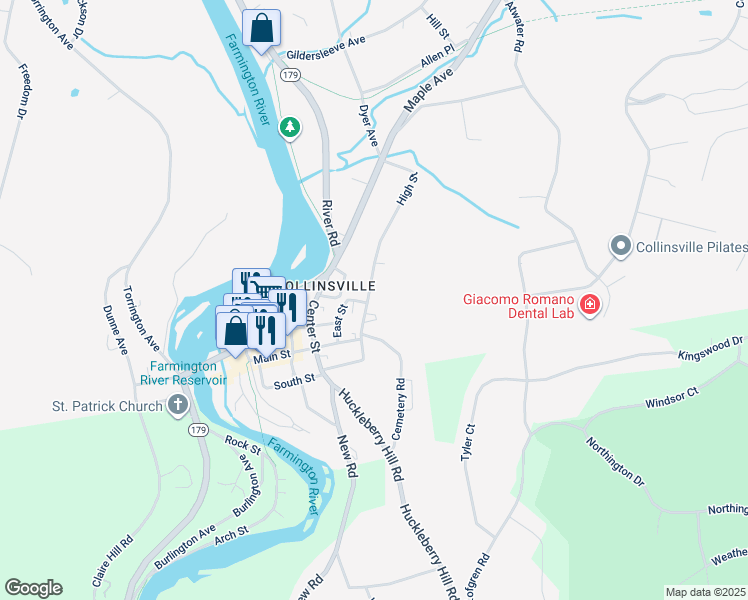 map of restaurants, bars, coffee shops, grocery stores, and more near 25 High Street in Canton