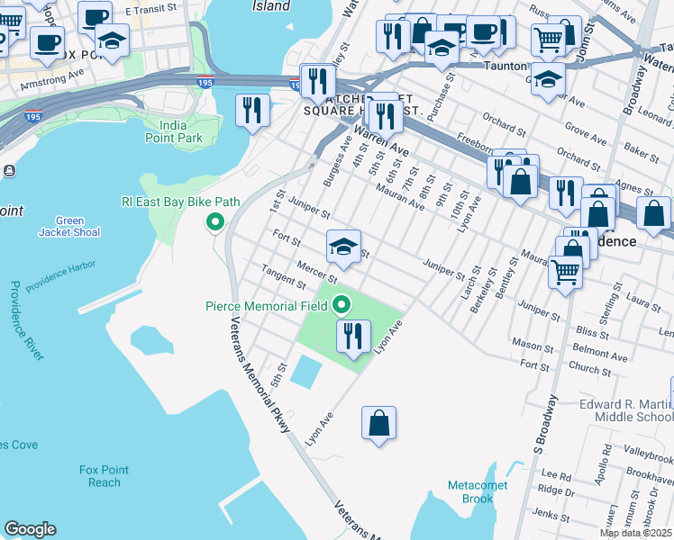 map of restaurants, bars, coffee shops, grocery stores, and more near 75 Fort Street in East Providence