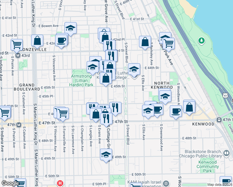map of restaurants, bars, coffee shops, grocery stores, and more near 4525 South Cottage Grove Avenue in Chicago