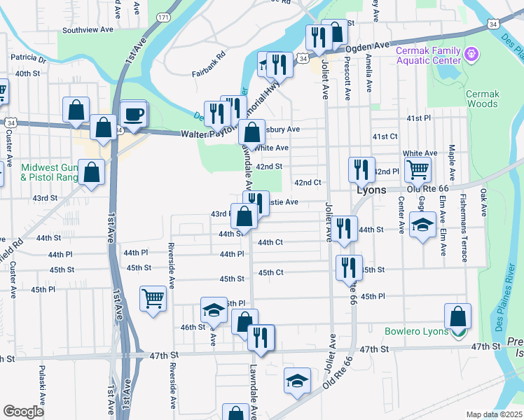 map of restaurants, bars, coffee shops, grocery stores, and more near 8137 Christie Avenue in Lyons