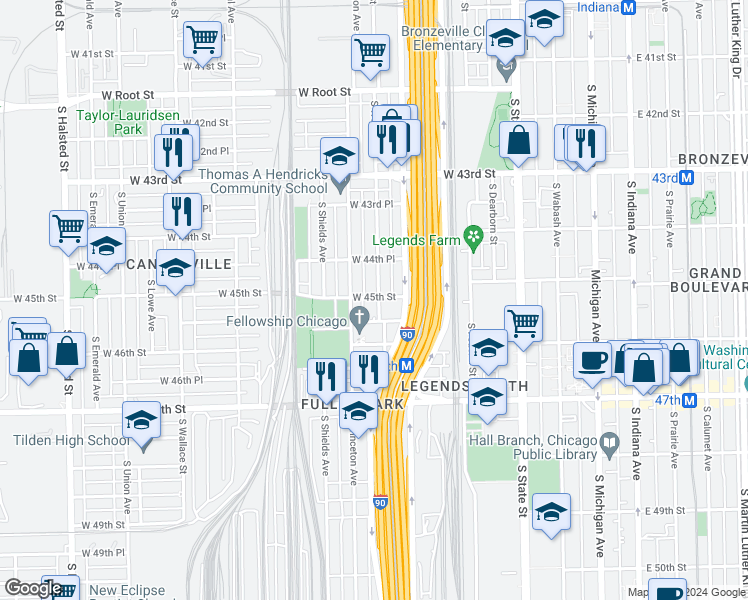 map of restaurants, bars, coffee shops, grocery stores, and more near 4500 South Wells Street in Chicago