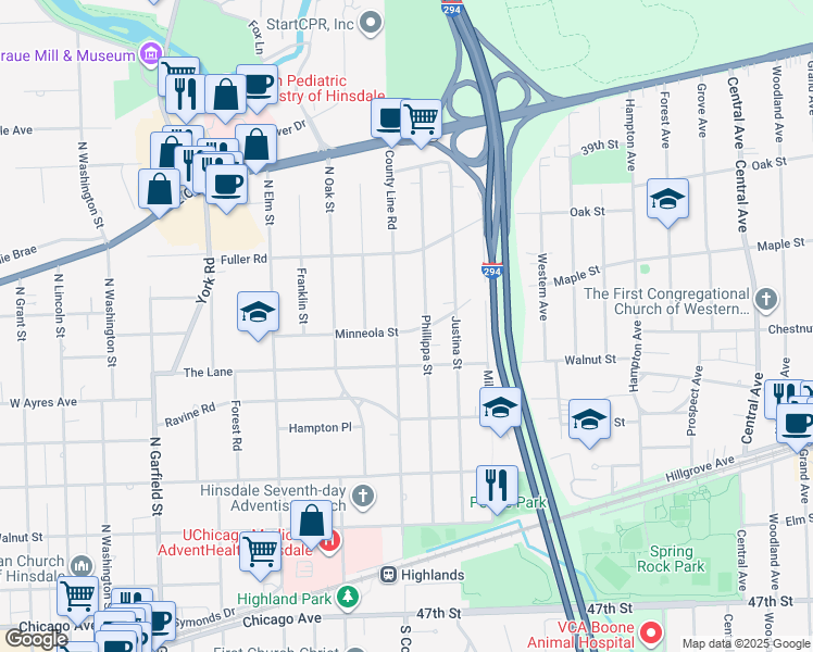 map of restaurants, bars, coffee shops, grocery stores, and more near 533 North County Line Road in Hinsdale