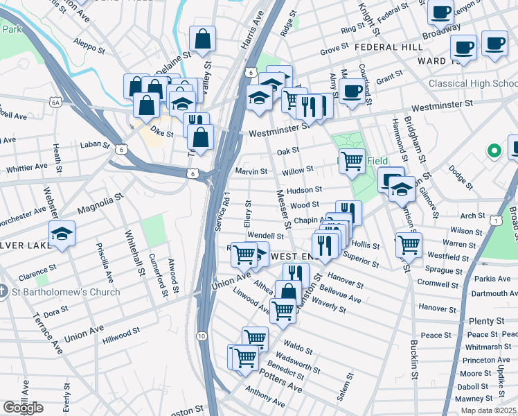 map of restaurants, bars, coffee shops, grocery stores, and more near 138 Wood Street in Providence