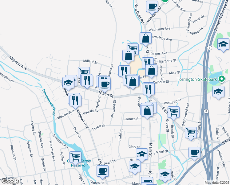 map of restaurants, bars, coffee shops, grocery stores, and more near 182 North Elm Street in Torrington