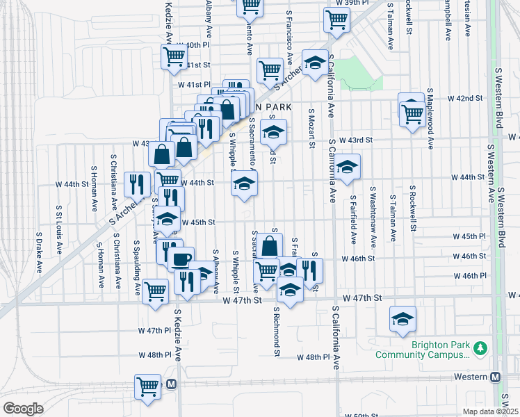 map of restaurants, bars, coffee shops, grocery stores, and more near 4439 South Sacramento Avenue in Chicago
