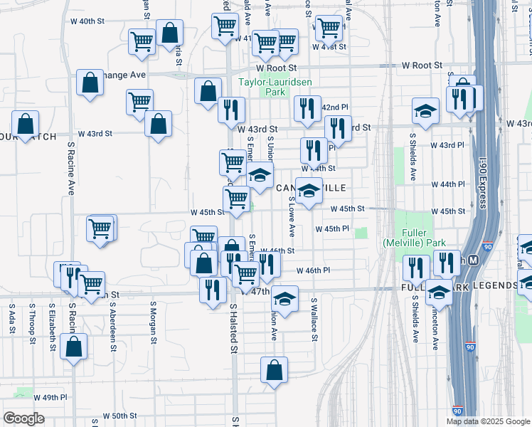 map of restaurants, bars, coffee shops, grocery stores, and more near 4500 South Union Avenue in Chicago