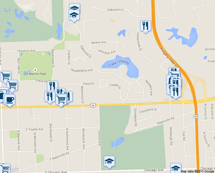 map of restaurants, bars, coffee shops, grocery stores, and more near 684 Citadel Drive in Westmont