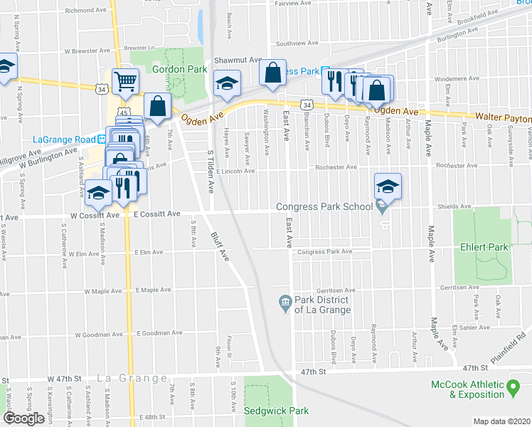map of restaurants, bars, coffee shops, grocery stores, and more near 620 East Cossitt Avenue in La Grange