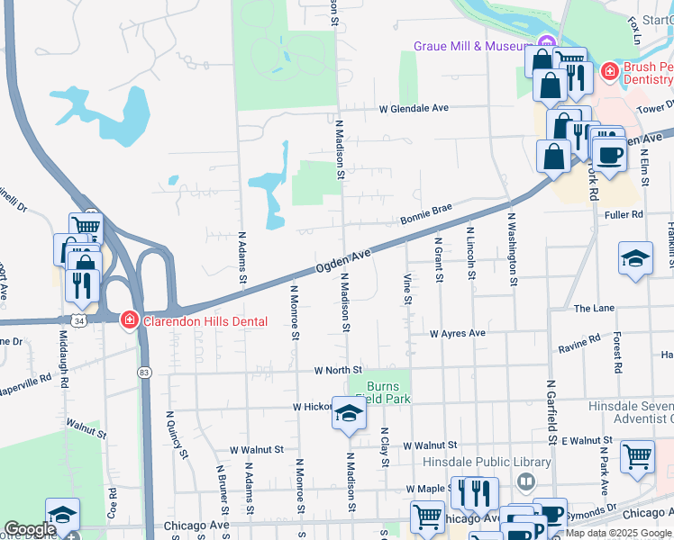 map of restaurants, bars, coffee shops, grocery stores, and more near 501 Wedgewood Court in Hinsdale