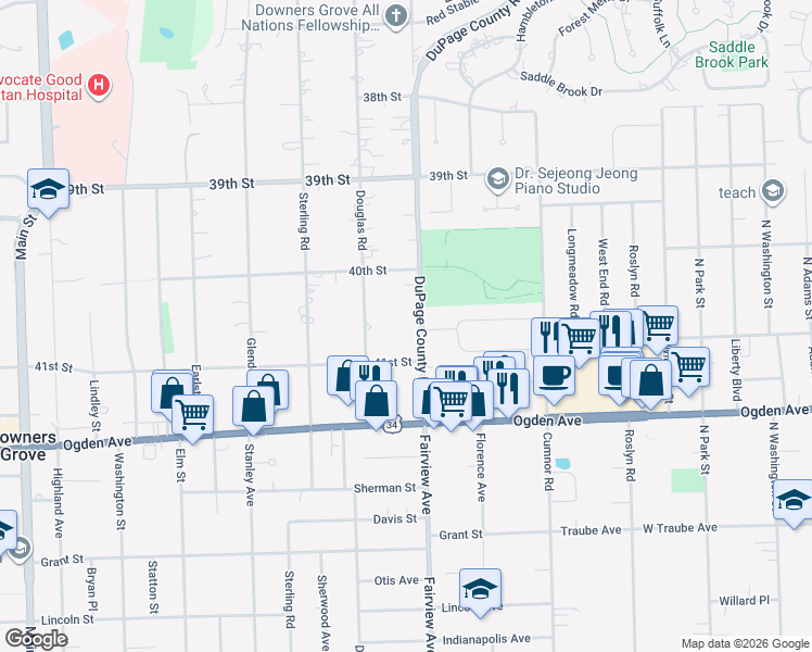 map of restaurants, bars, coffee shops, grocery stores, and more near 4046 Fairview Avenue in Downers Grove