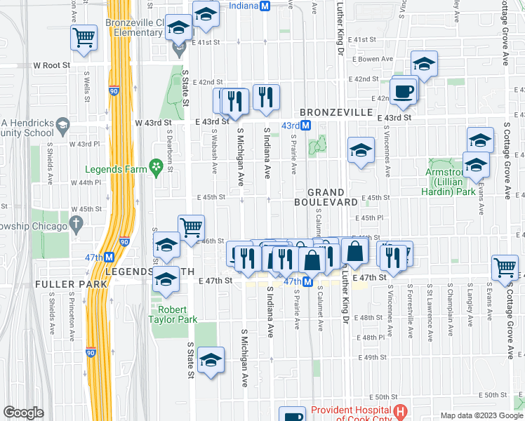 map of restaurants, bars, coffee shops, grocery stores, and more near 4520 South Indiana Avenue in Chicago