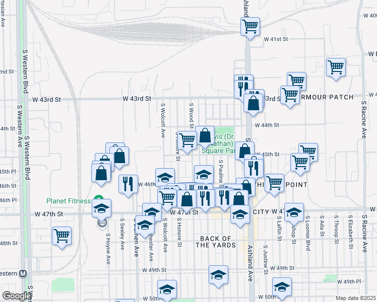 map of restaurants, bars, coffee shops, grocery stores, and more near 4454 South Wood Street in Chicago