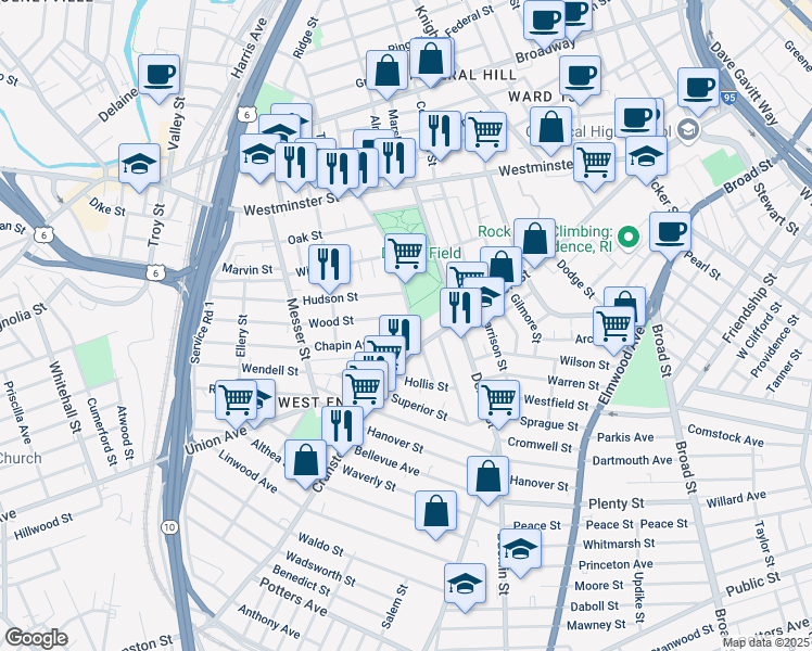 map of restaurants, bars, coffee shops, grocery stores, and more near 113 Parade Street in Providence