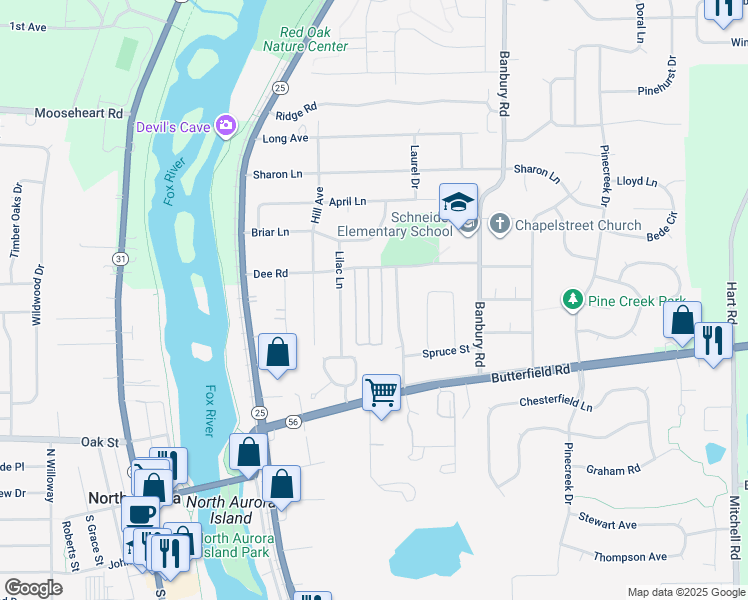 map of restaurants, bars, coffee shops, grocery stores, and more near 217 Linn Court in North Aurora