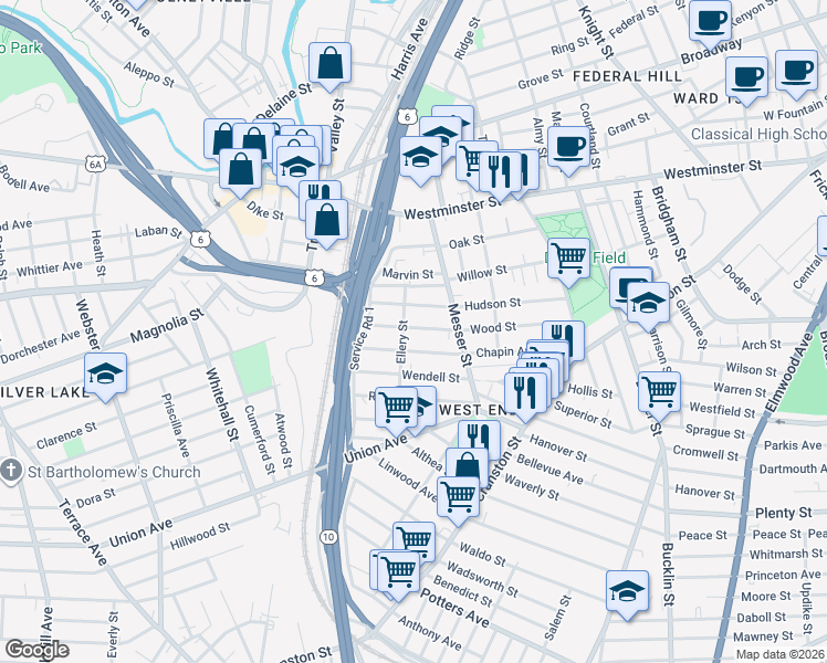 map of restaurants, bars, coffee shops, grocery stores, and more near 144 Wood Street in Providence